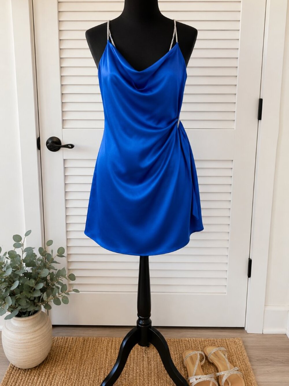 Glam Y2K Cobalt Blue Satin Mini Dress Rhinestone Straps Size L NWT
